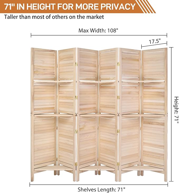 Bonnlo 6 Panels Wood Room Divider with Shelves, 6 FT Height Folding Privacy Screens, Indoor Freestanding Room Partition Wall Divider, Hinged Space Separator (Natural, 6 Panel)