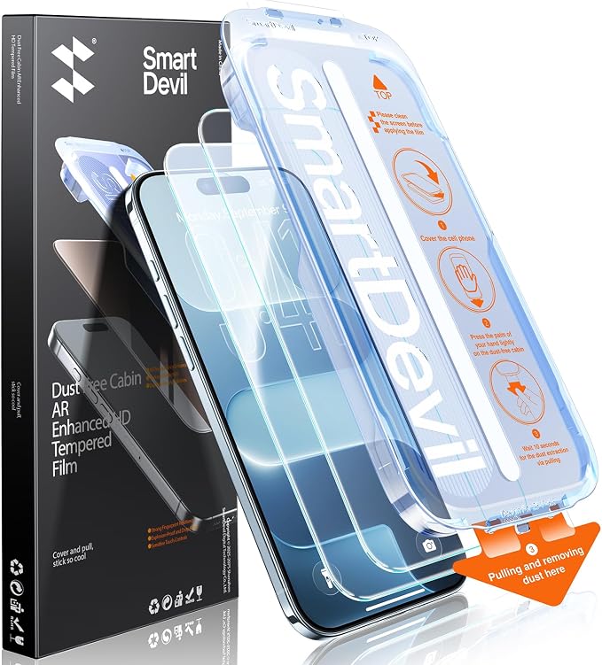 SMARTDEVIL 2 Pack for iPhone 16 Pro Screen Protector Anti-Blue Light | Eye Protection &amp Reduce Eye Strain 9H Tempered Glass with Auto Dust-Elimination Bubble Free Easy Installation