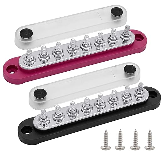 8 x M5 (#10) Studs Power Distribution Block Bus Bar 12V, Ampper 5.9" HD 120A Marine BusBar Battery Distribution Block W/Cover for Car Boat Solar (Red & Black)