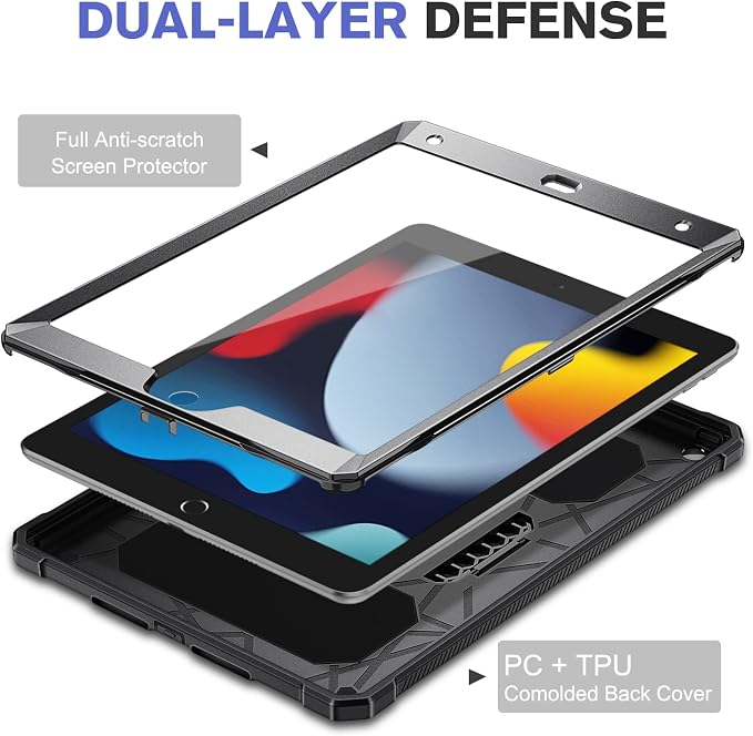 Fintie Shockproof Case for iPad 9th / 8th / 7th Generation 10.2 in Black | Tuatara Series Dual-Layer Rugged Hybrid Bumper Cover Built-in Kickstand &amp Screen Protector