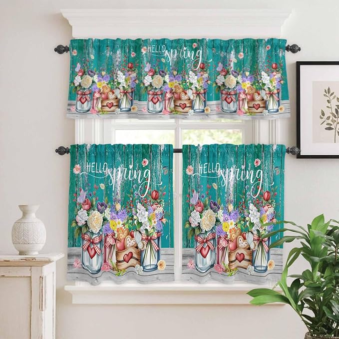 Kitchen Curtains Tiers and Valance Set of 3, Spring Flowers Light Filtering