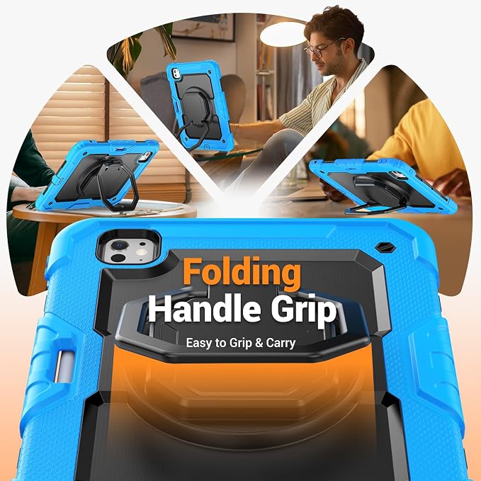 for iPad Pro 11 inch Protective Case M5 2025/M4 2024: Heavy Duty Shockproof Case with Pencil Holder - 360°Rotating Handle/Stand - Screen Protector - Shoulder Strap Black/Sky Blue