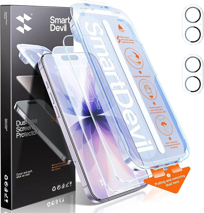 SMARTDEVIL (3+3 Pack HD Clear Screen Protector for iPhone 14 Pro Max with 3 Camera Lens Protectors 9H Tempered Glass Shatter-Resistant SmartPull Dust &amp Bubble-Free Install Frame Case-Friendly