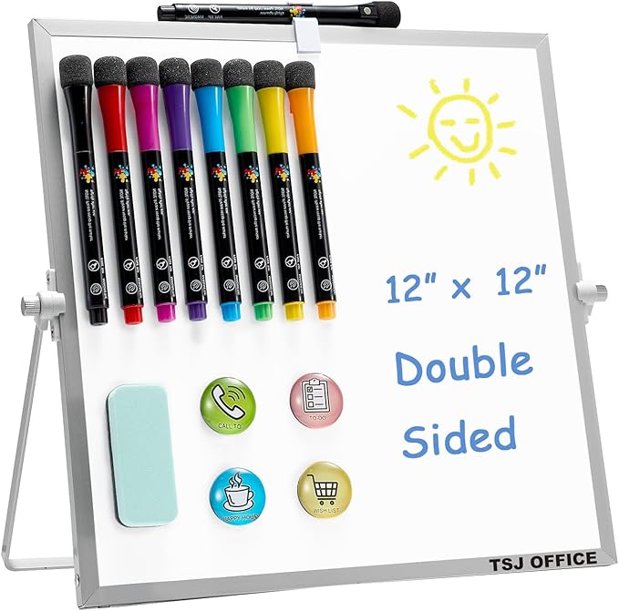 TSJ OFFICE Small White Board - 12 X 12 Inches Small Magnetic Dry Erase Board with Hooks for Wall, Desktop Whiteboard Stand 360 Degrees Revolving Double Sided for Office, Home, School, Silver