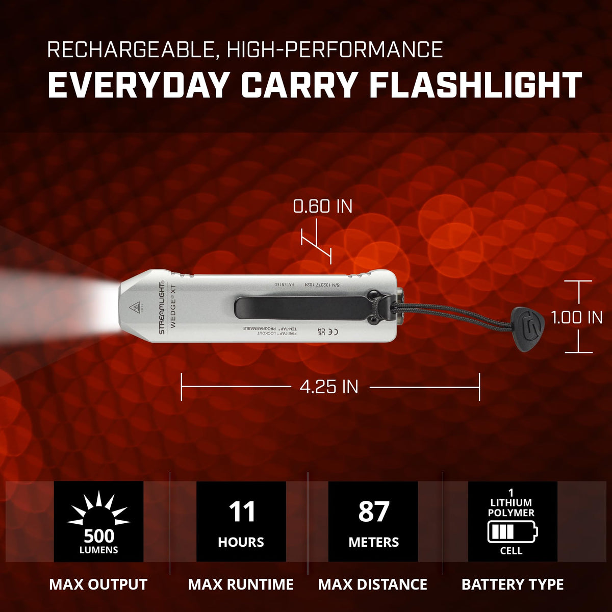 Streamlight 88819 Wedge XT 500-Lumen 1,900-Candela Flat Everyday Carry Flashlight, Includes USB-Cable and Pocket Lanyard, Silver