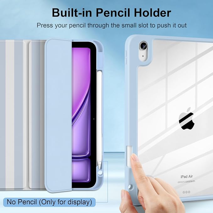 MecBevia Case for iPad Air 11-inch M4 2026 / M3 2025 / M2 2024 | Built-in Pencil Holder Shockproof Clear Hard Back Trifold Stand Auto Wake/Sleep Blue Bow