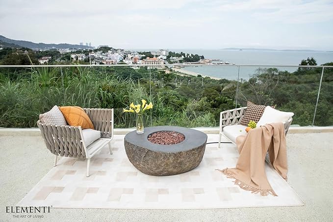 Elementi | Bundle Boulder Gas Fire Pit Cast Concrete Semi-Round Fire Table, Outdoor Fire Pit Electronic Ignition | Canvas Cover, Lava Rock Included | Propane Gas