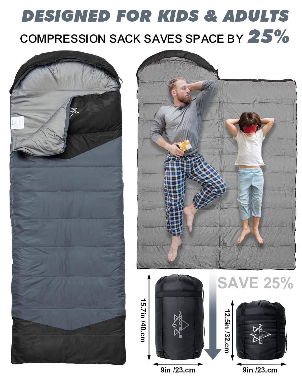 ETGLCOZY Lightweight 3-Season Sleeping Bag for Adults/Kids Camping, Compact w/Compression Sack, Waterproof Ripstop, Portable for Backpacking Hiking Travel, 50-80°F, Gray/Black
