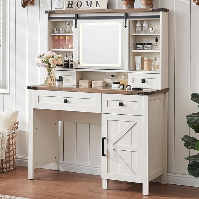 42'' Farmhouse Makeup Vanity Desk with Sliding Mirror and Lights, Glass Tabletop Vanity Table with Barn Door, 4 Drawers & Hidden Shelves, Rustic Big Vanity Women Dressing Table, Antique White