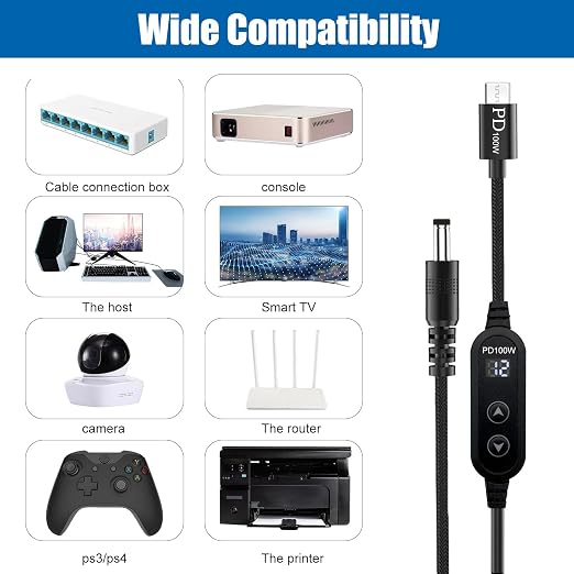100W USB C to DC Charger Barrel PD Trigger Cable with 8 DC Conversion Heads and LED Display Screen DC 5V/9V/12V/15V/20V to DC Adapter Cable for Netbook Tablets Led Light Routers (3.9ft)
