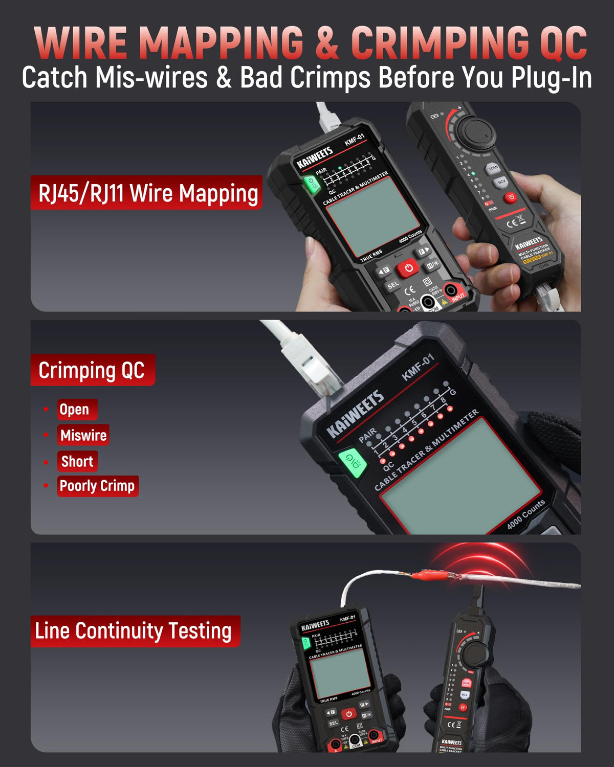 KAIWEETS 3-in-1 Multimeter & Cable Tracer Kit, Auto-Ranging Digital Multimeter with True RMS 4000 Counts, RJ45/RJ11 Wire Tracing & NCV Voltage Detector for Electricians, Home DIY & Auto Repair KMF-01