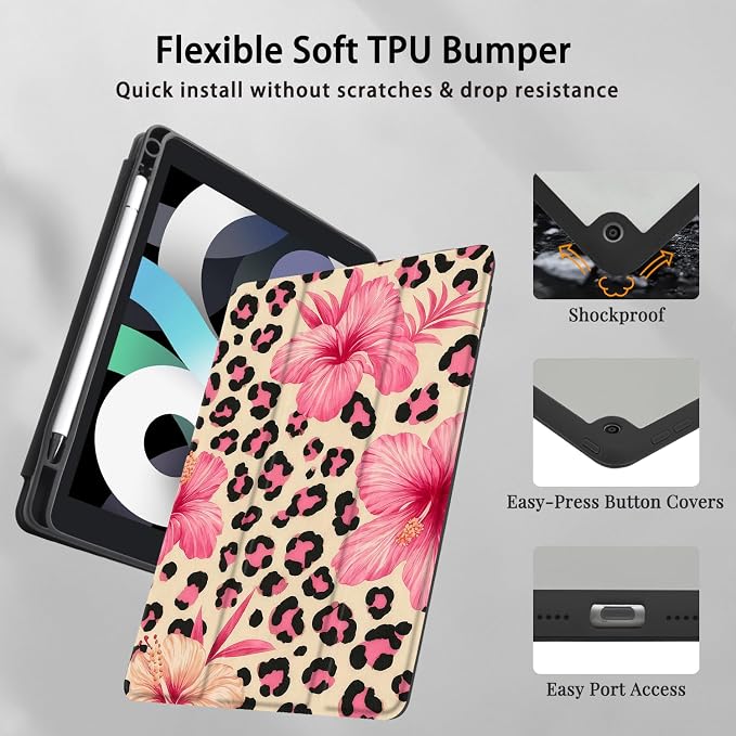 Joyland Brown Leopard Floral for iPad 6th/5th Generation 9.7 Inch 2018/2017Air 2/Air 1 CaseBuilt-in Pencil Holder with Shockproof Cover Transparent Back Shell Auto Wake/SleepBlack