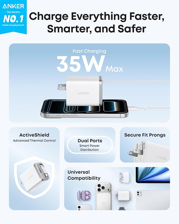 Anker Nano Retractable USB C Charger Block Compact 35W Phone Charger | 2-Port Charger with Durable Built-in Anker InstaCord Retractable Cable for iPhone 17/16/15 iPad(BlackNon-Battery)