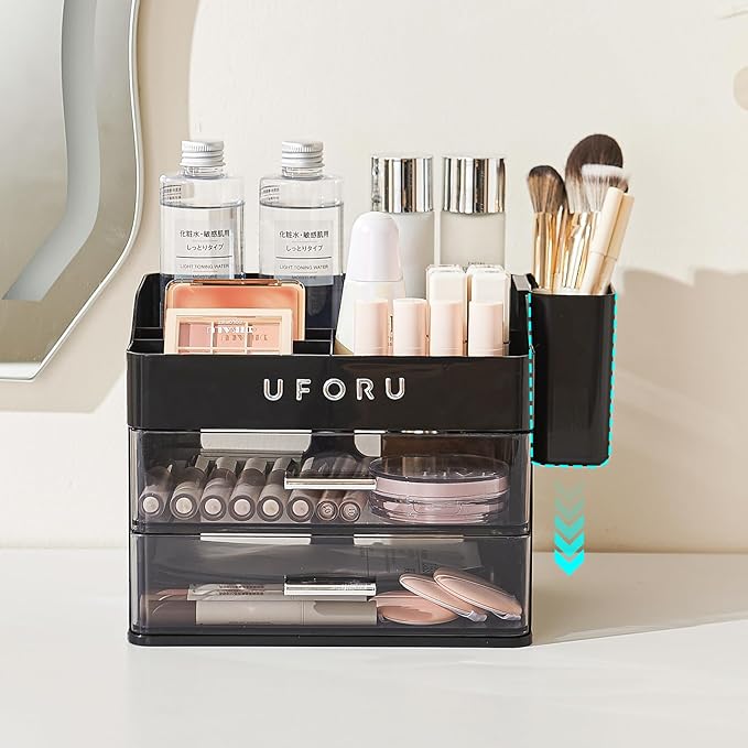 Makeup Organizer for Vanity with Brush Holder, Countertop Organizer with 2 Drawers, Spacious Cosmetic Display Case for Beauty Essential, Skincare, Lipstick
