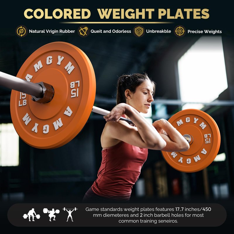 AMGYM Color Olympic Bumper Plate, Weights Plates, Bumper Weight Plate, Steel Insert, Strength Training（100 lb set new）