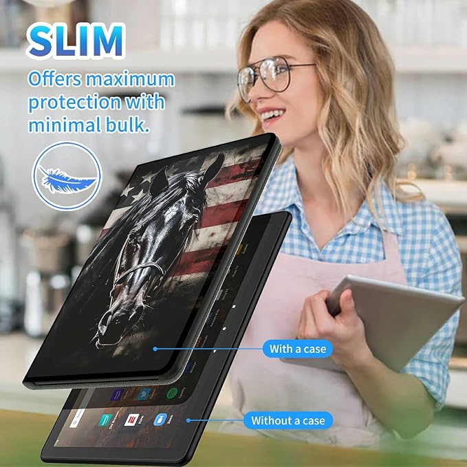 for All-New Kindle Fire HD 10 &amp 10 Plus Tablet (13th/11th Gen 2023/2021 Release) 10.1 + Screen Clean Pad Slim PU Leather Multi-Angle Kickstand Cover with Auto Wake/Sleep Horse with US Flag