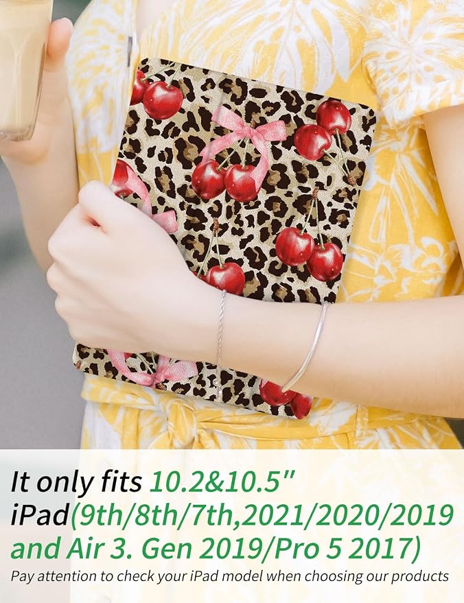 Case for iPad 9th/ 8th/ 7th Generation Case 10.2&amp10.5 Inch (2021/2020/2019 Release) Slim Lightweight Soft Trifold Back Cover with Pencil Holder &amp Auto Sleep/Wake Cover Cherries Cheetah Bows