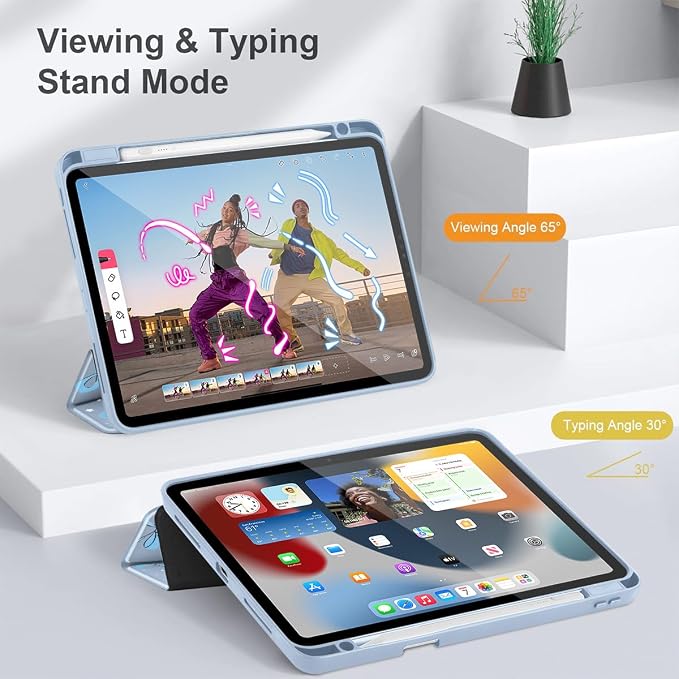 May Chen Case for iPad 12.9 Inch (6th/5th/4th/3rd Generation 2022/2021/2020/2018) Pencel Holder + Trifold Support Auto Sleep/Wake Transparent Shockproof Back Cover Blue Bows