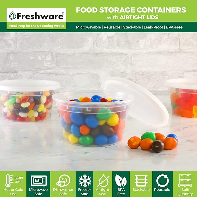 Freshware Food Storage Containers [50 Set] 12 oz Plastic Deli Containers with Lids, Slime, Soup, Meal Prep Containers | BPA Free | Stackable | Leakproof | Microwave/Dishwasher/Freezer Safe