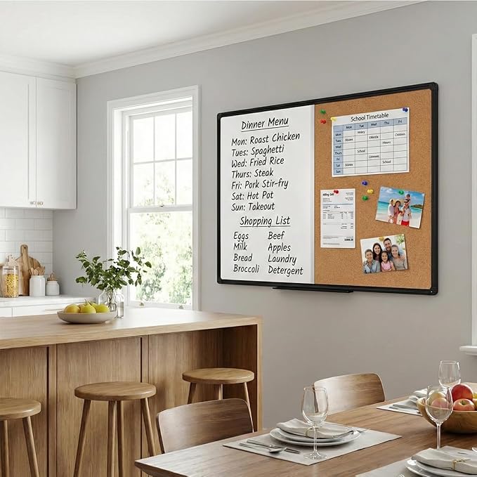 Magnetic Combination Whiteboard Cork Board 48 x 36 Inch, Black Aluminum Frame - Large Wall Mounted Vision Board & Planner for Home Office, Kitchen Command Center & Classroom Organization