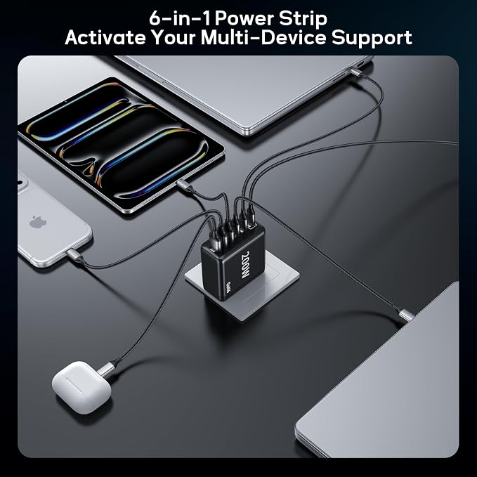 2 Pack USB C Charger Block 200W GaN Super Fast Charger Type C Fast Charging 6 Port Foldable PD Charging Station for All Phone/Android Samsung Galaxy S25/S24/MacBook iPad