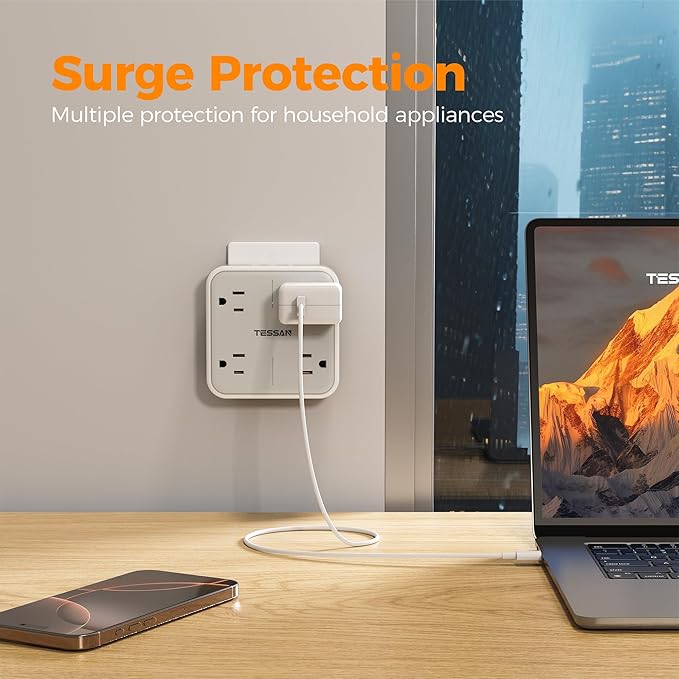 Surge Protector Outlet Extender, TESSAN Multi Plug Adapter with 4 Outlet Splitter and 3 USB (1 USB C), Multiple Plug Expander for Home Office Dorm Room Essentials