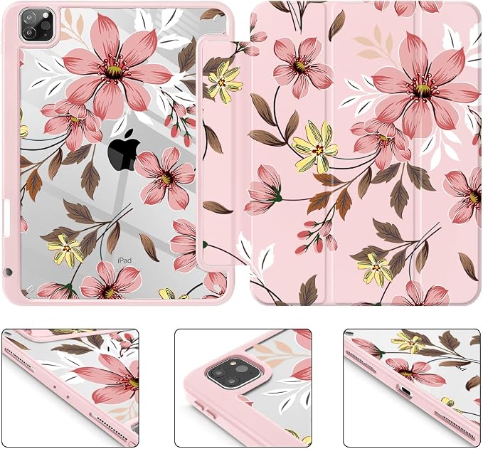 Mektron Case for iPad Pro 11 inch Case M2 2022 Generation 4th Fit 2021 2020 2018 iPad Pro 11 (3rd 2nd &amp 1st Gen) -Buit in Pencil Holder with Shockproof Cover Clear Shell Blue Bows &amp Flower