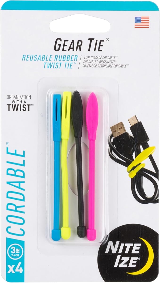 Nite Ize Gear Tie Cordable, The Original Reusable Rubber Twist Tie with Stretch-Loop For Cord Management + Storage, 3-Inch, Assorted Colors, 4 Pack, Made in the USA