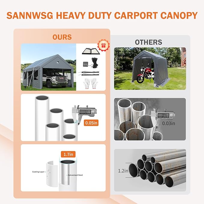 Carports 10X20 Heavy Duty，Portable Car Port Garage，Carport Canopy with Side Doors，Outdoor Car Shelter All Weather,Grey