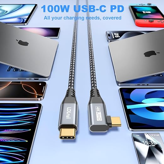 LDLrui 10FT Right Angle USB C Cable 100W PD 20Gbps Data 4K Video | Large Workspaces Commercial Displays Long Distance Routing Flexible Installation Full-Featured USB-C