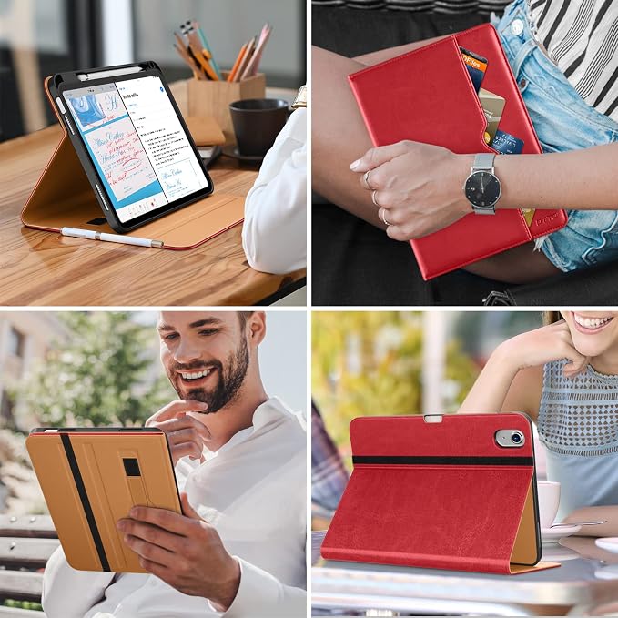 DTTO for iPad (A16) 11th Generation 11-inch &amp 10th Gen Case Brown | Premium Leather Business Cover with Pencil Holder Hand Strap &amp Pocket Corner Protection Auto Sleep/Wake for Work &amp