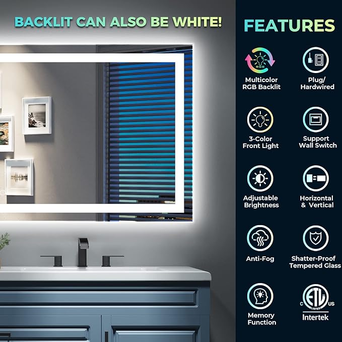 YEELAIT 60x40 Inch RGB LED Bathroom Mirror Front Light and RGB Backlit Lighted Vanity Mirror for Bathroom Wall Mounted Dimmable Anti Fog Memory Shatter-Proof IP54 Waterproof Horizontal/Vertical