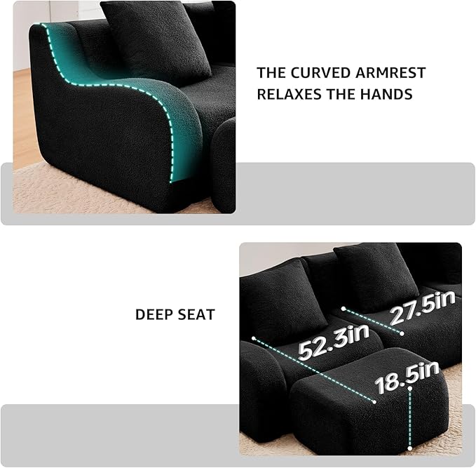 Black Cloud Couch Loveseat, Modern Teddy Fabric Boneless Sectional Sofa in a Box for Living Room, Modular Floor Couch, No Assembly Required, Sofas para Sala