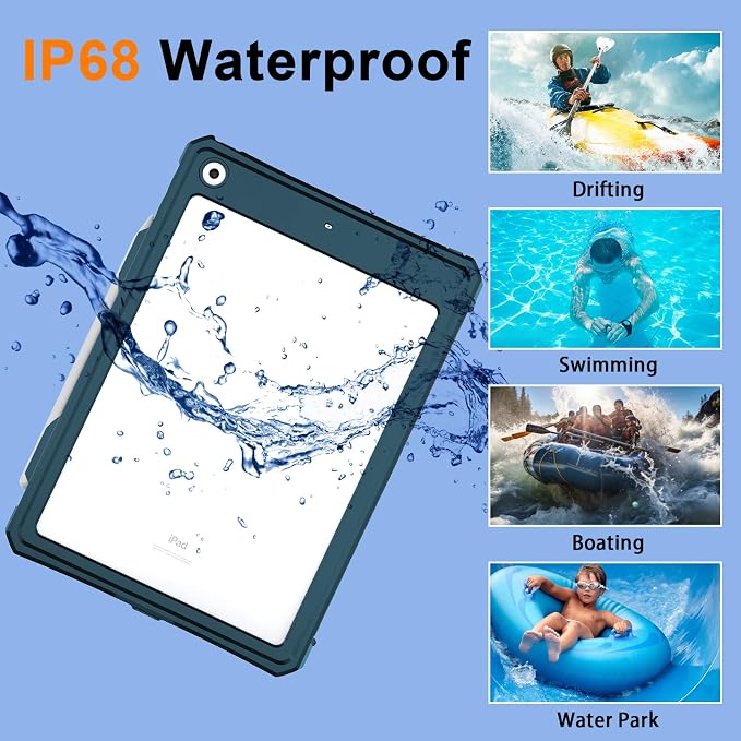 10.2 Waterproof Case Compatible with iPad 9th 8th 7th Generation 2021/2020/2019 Built-in Screen Protector with Strap Stand Pencil Holder Full Body Heavy Duty Protective Shockproof