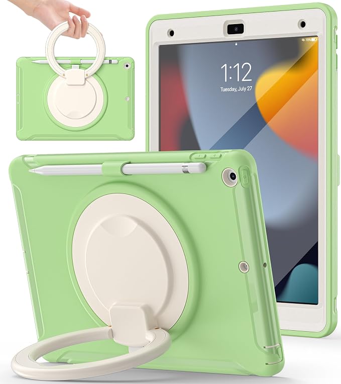 BATYUE Shockproof Case for iPad 9th 8th 7th Gen 10.2 Inch Black | 3in1 PC+TPU Heavy Duty 360° Rotatable Ring Stand for Grip Carry Hang &amp Multi-Angle View Screen Protector Pencil Holder