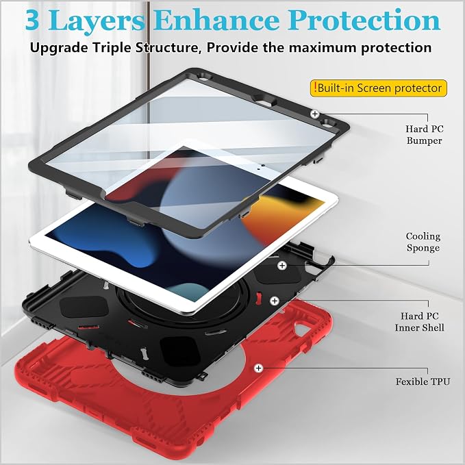 Case for iPad 9th/8th/7th Generation 10.2 Inch Black | Shockproof Protective Silicone Cover with Rotatable Stand-Screen Protector-Handle- Shoulder strap- Pencil holder