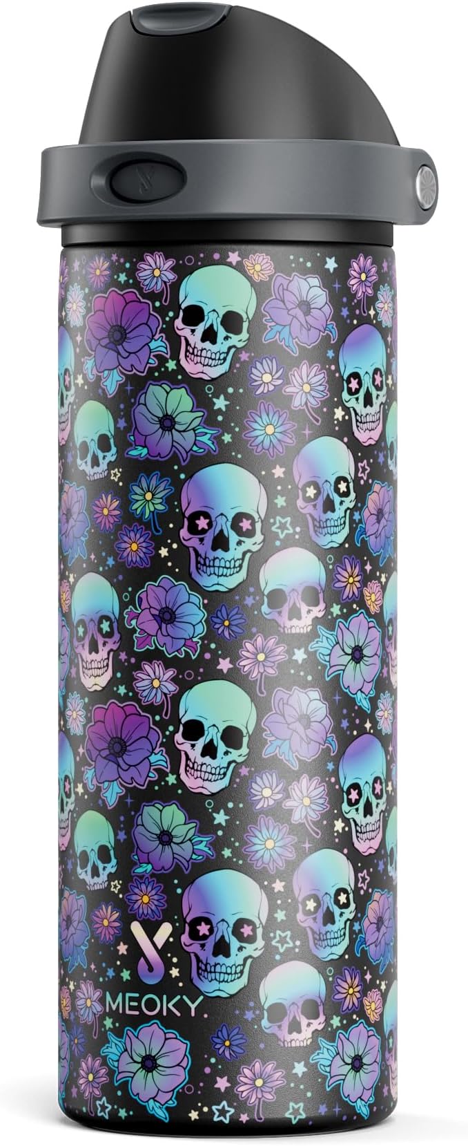 24 oz Insulated Water Bottle with Straw: Meoky Stainless Steel Water Bottle with 2-in-1 Straw and Spout Lid - Leak Proof, Fits in Car Cup Holder, BPA-Free for Travel Gym, Spooky Petals