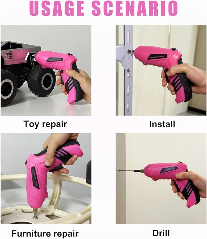 Pink Toolbox Essentials for Women Girls Starter DIY Drilling Kit with Cordless Power Tools, Electric Drill, Hammer, Screwdriver Sets, Mini Hand Tools, and Combo Bits for Home Repair Household Gift