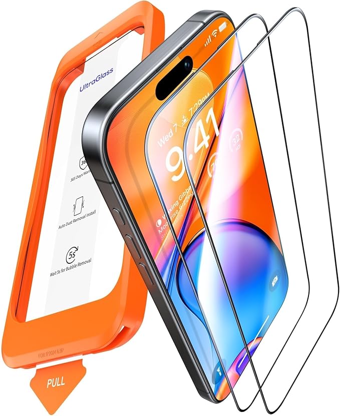 UltraGlass Unbreak Top 9H+ Glass for iPhone 15 Screen Protector (12FT Military Grade Shatterproof &amp Longest Durable) Screen Protector iPhone 15 Tempered Glass Full Coverage 2 Pack