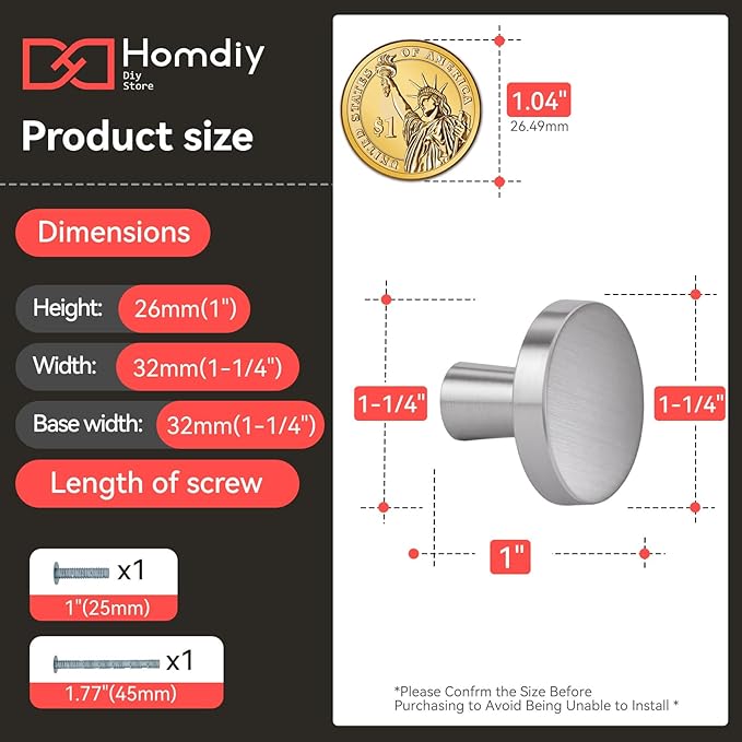 homdiy 10 Pack Brushed Nickel Cabinet Knobs Round Kitchen Handles Zinc Alloy Metal Hardware for Dresser Drawer Desk Cupboard