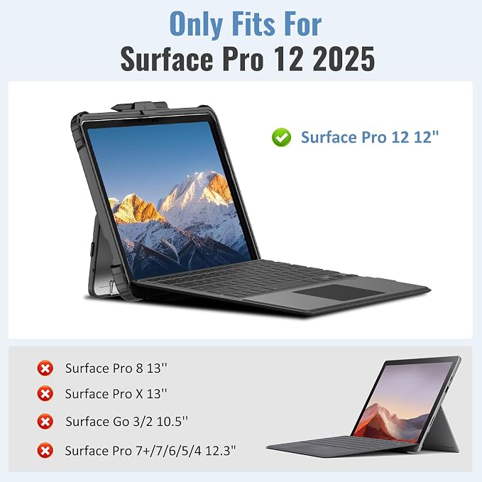 TiMOVO Case for Microsoft Surface Pro 12 Inch 2025 Black | Pen Holder Rugged Clear Back Protective Cover Removable Hand Strap Compatible with Type Cover Keyboard