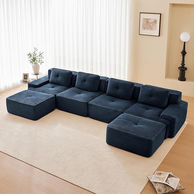 Blue Ottoman for Modular Sectional Sofa, Corduroy Deep Seat for Oversized Compressed Boneless Sectional Couches for Living Room Bedroom Apartment, Cloud Sofa Couch Set, Memory Foam, No Assembly