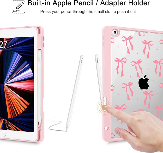Case for iPad 9th/8th/7th Generation 10.2-Inch (2021/2020/2019 Release) with [Built-in Pencil Holder] Shockproof Cover with Clear Transparent Back Shell &amp Auto Wake/Sleep - Blue Bows