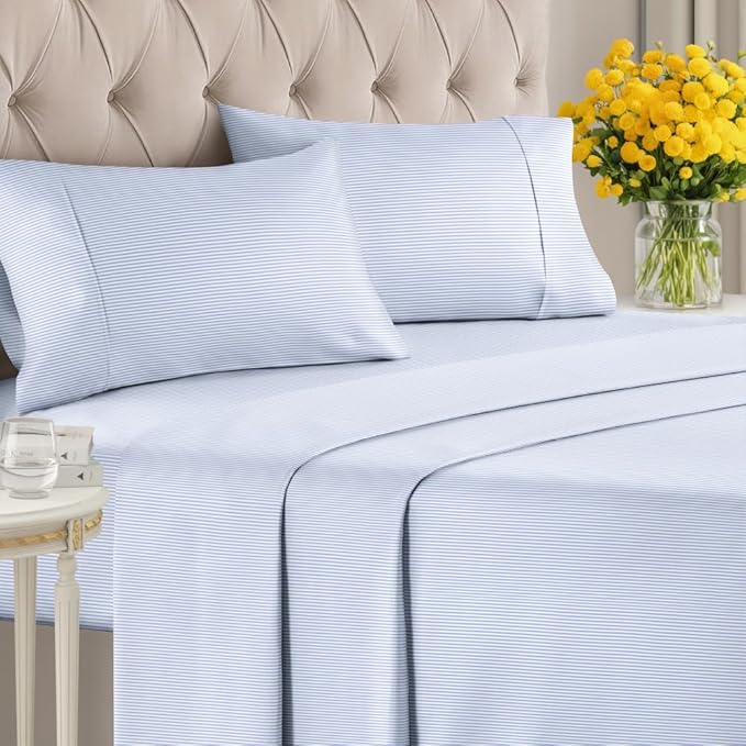 Light Blue and White Striped Sheets - 1 Flat & 1 Fitted Sheet & 2 Pillowcases w/ Deep Pockets - Wrinkle & Fade Resistant - Ultra-Soft, Breathable & Cooling - Luxury Pinstripe Bedding - Queen Size
