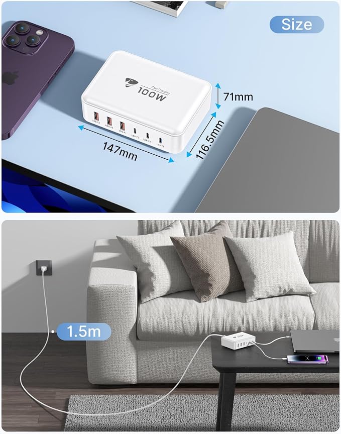 USB C Fast Charger 100W GaN 6 Port USB C Fast Charging Station Hub Block Cube QC USB A and PD USB C Wall Charger Power Multiple USB Charger Plug for iPhone 17 16 15 14 13 12 Pro Max iPad Samsung