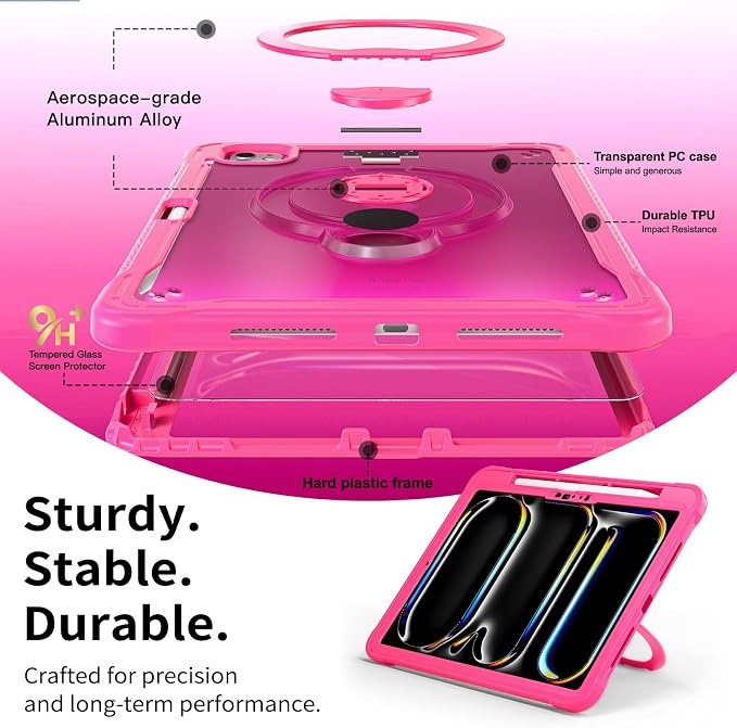 Lunivop Compatible with iPad Pro 11 Inch Case (M5/M4) 2025/2024 with 360° Rotating Aluminium Stan Stand Built-in 9H+ Hardness Screen Protector Military - Grade Tablet Cover Black