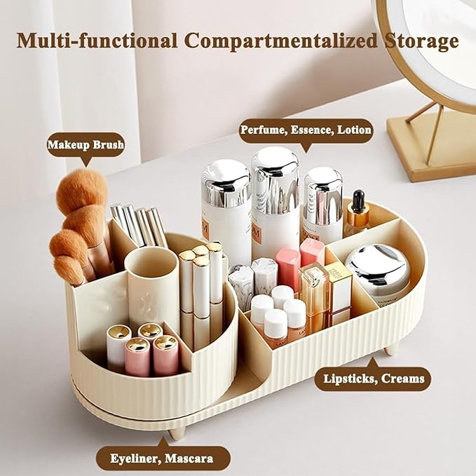 Rotating Cosmetic Organizer, Plastic Countertop Makeup Organizer with Makeup Brush Holder, Large Capacity Cosmetic Display Case, Countertop Makeup & Perfume Organizer with 9 Partitions (White)