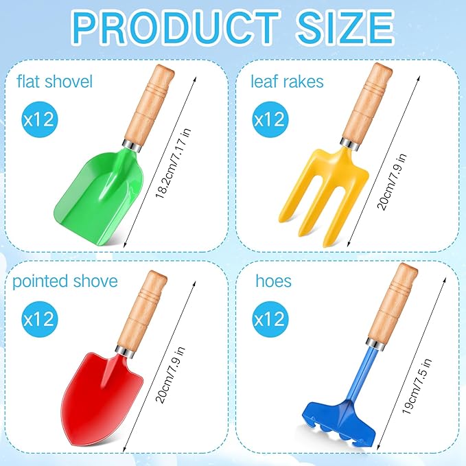 8" Kids Gardening Tools, Metal Beach Sandbox Digging Toys with Wooden Handle, Including Shovel, Rake, Fork and Trowel, Garden Sand Snow Tools for Children Gift Outdoor Gardening(48 Pcs)