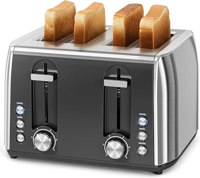 Havato 4 Slice Toaster, 6 Browning Settings, Removable Crumb Tray, Stainless Steel Bread Toaster for Bagels, Muffins, Waffles, Defrost, Cancel Button, 120V 1800W