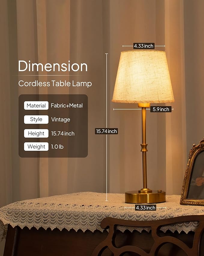 EppieBasic Cordless Table Lamp Rechargeable: Fast Charging & Long Lasting - 2700K Warm Light Vintage Gold Lamps - Dinning Living Room Bedroom - Linen Shade
